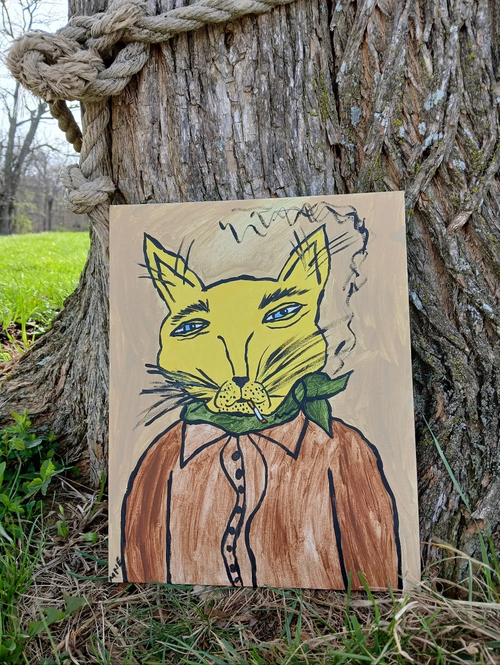 Smoking Cat Painting Folk Art - Picture 3 of 10